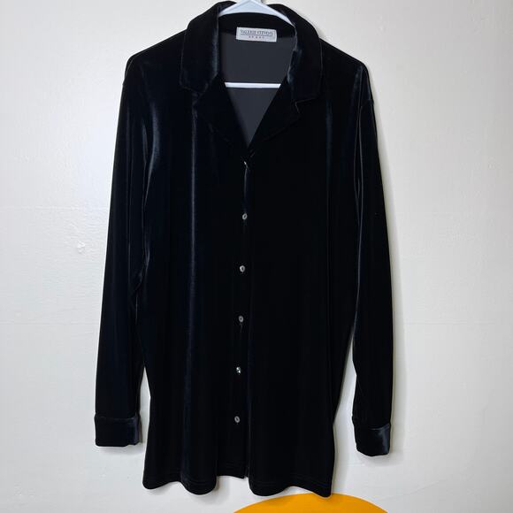Vintage Velvet Velour Button Down Shirt Womens M Black Oversized Whimsygoth - Picture 1 of 6